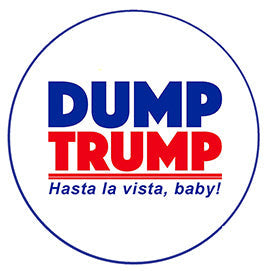 Circular sticker with 'Dump Trump' text in blue and red on a white background